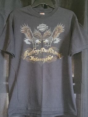 Harley-Davidson Black Tee with Gold and Gray Eagle Graphic